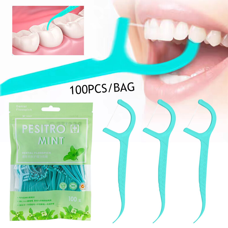 100 buah/boks benang gigi sikat Interdental Oral Mint stik pembersih gigi tusuk gigi portabel tusuk gigi sekali pakai higienis perawatan mulut