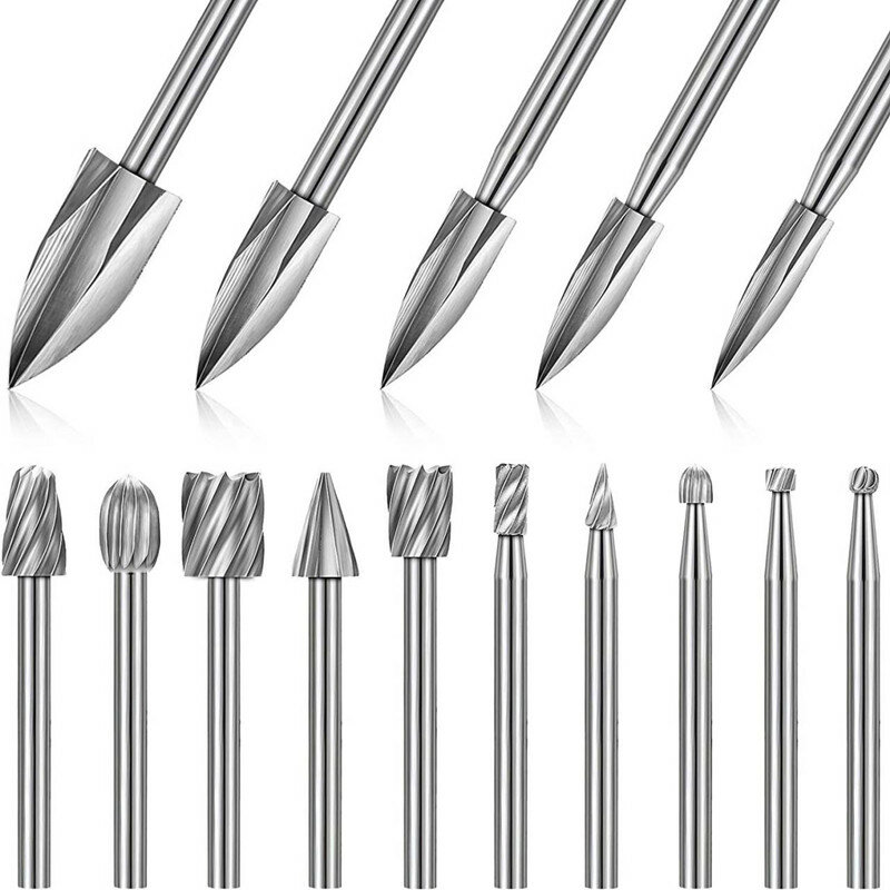 15 Pieces Wood Carving and Engraving Drill Bit Set Engraving Drill Accessories Bit and HSS Carbide Wood Milling Burrs for DIY