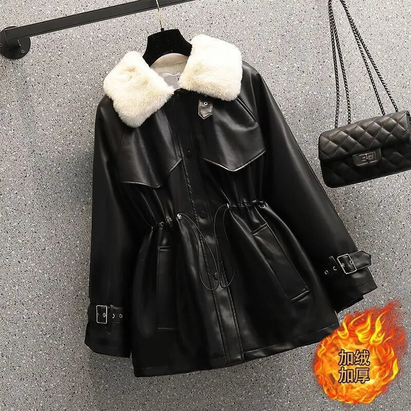 PU Leather Coat Women New Lambswool Jacket Autumn Winter 2024 Thick Fur Long Outerwear High-End Fashion Female Overcoat Tops