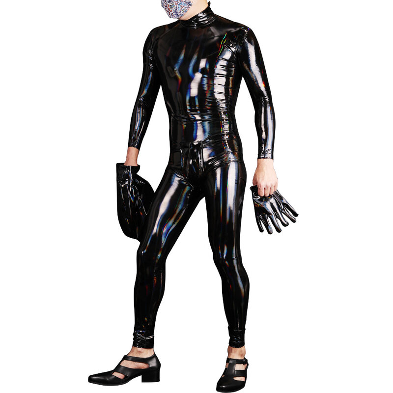 Cosplay Men Maid Jumpsuit PU Leather Shiny PVC Catsuit Laser Wet Look High Elastic Full Body Bodysuit Shapers Body Bodystocking