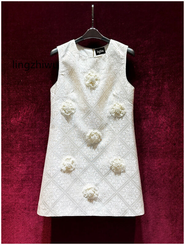 lingzhiwu Jacquard Dress Fashion Handmade Beading Appliques Designer Sleeveless A-Line Dresses 2024 Summer New Arrive