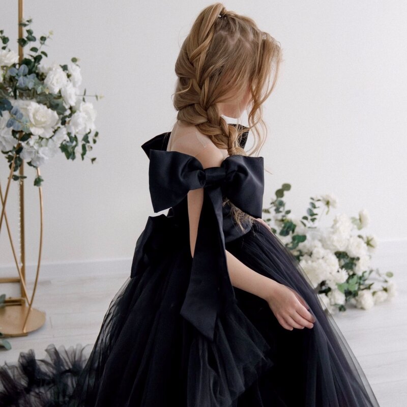 Vestido negro elegante de flores para niña, tul con lazo, sin mangas, hasta el suelo, fiesta de cumpleaños para niños, vestidos de baile de princesa