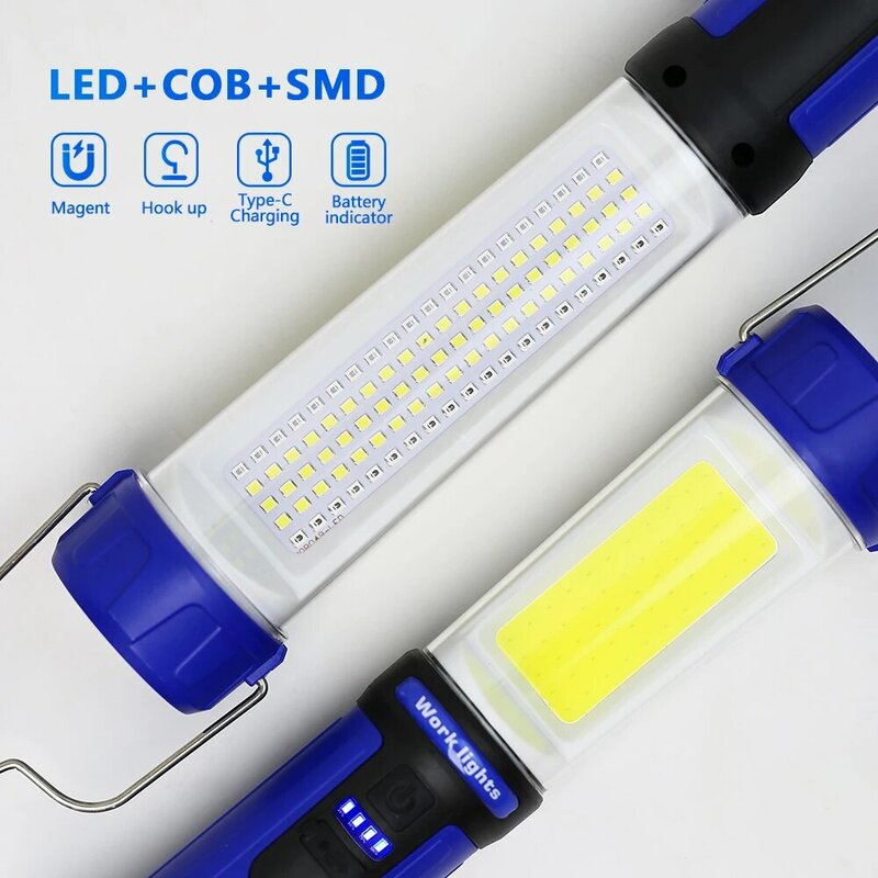 COB LED 손전등 마그네틱 휴대용 작업등, USB 충전식 투광 조명, 작업장 LED 램프, SMD 배터리 내장 캠핑 토치
