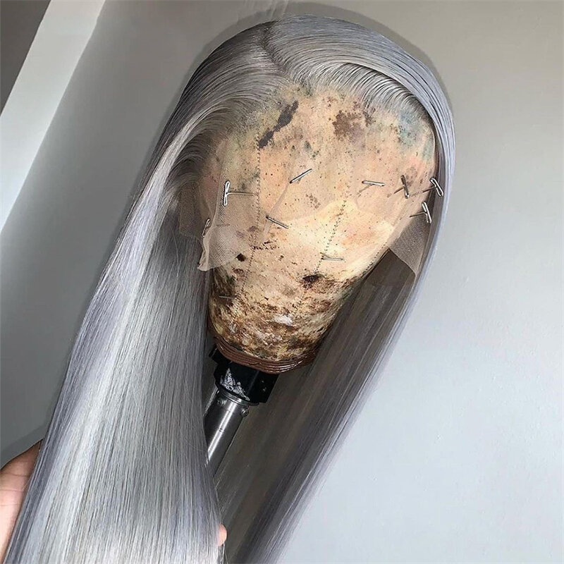 Long Grey Mixed Blend Human Hair Lace Front Wig Straight Pre Plucked With Baby Hair 13x4 Transparent Lace Wig For Women