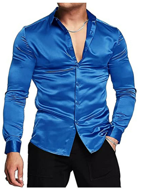 Azul real seda escudo tecido camisa dos homens marca nova manga longa camisas de vestido dos homens não ferro fácil cuidados trabalho negócio chemise homme 3xl