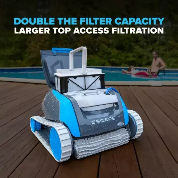 Robot do czyszczenia basenu Dolphin Escape (model 2024) — masywny filtr z górnym ładowaniem, podwójne silniki, HyperBrush, gąsienice HyperGrip
