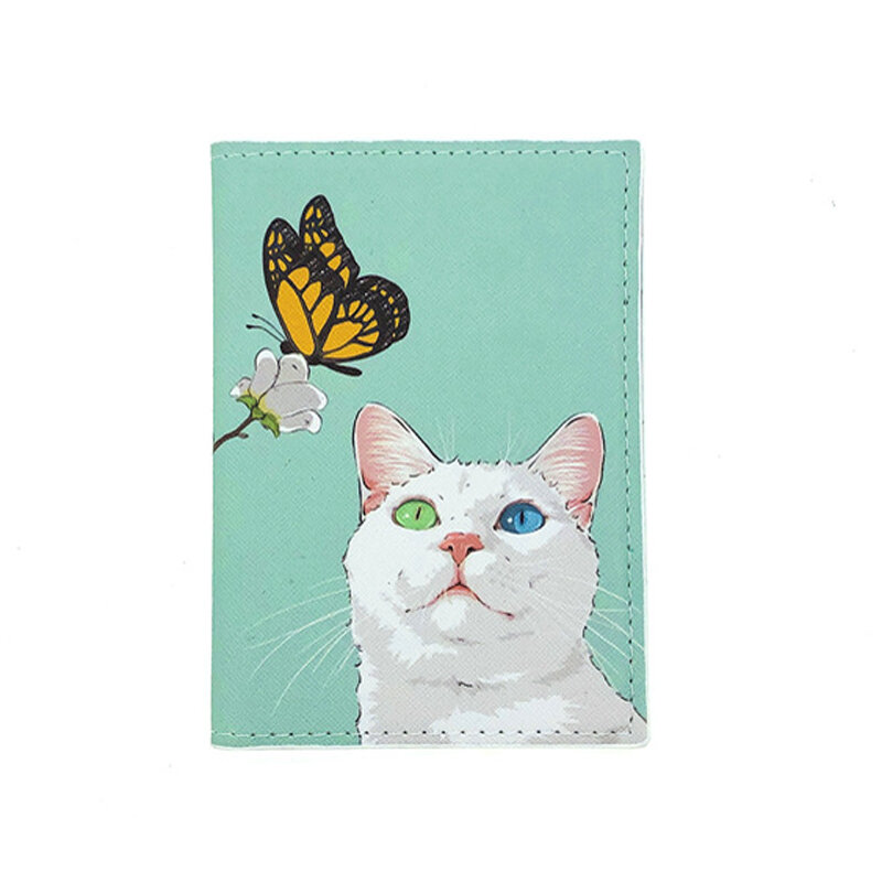 귀여운 고양이 패턴 여권 홀더, 해외 여행 액세서리, 가죽 여권 지갑, 여성 ID 카드 신용 카드 여권 커버