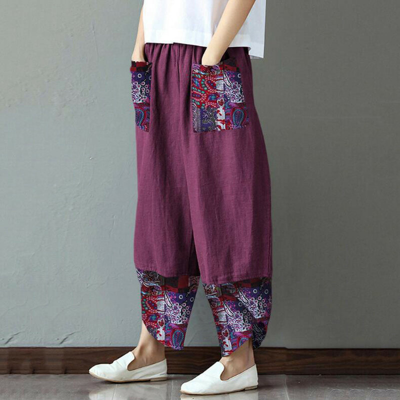 Pantalon décontracté à taille élastique pour femme, patchwork irrégulier, coton, large, droit, imprimé adt, mode vintage, été, 2023