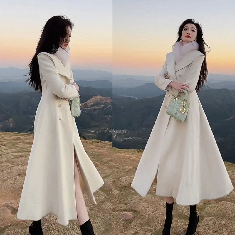 Casaco longo de lã trespassado feminino, jaqueta corta-vento, sobretudo lapela fino, outwear de moda, outono, inverno, novo, 2022