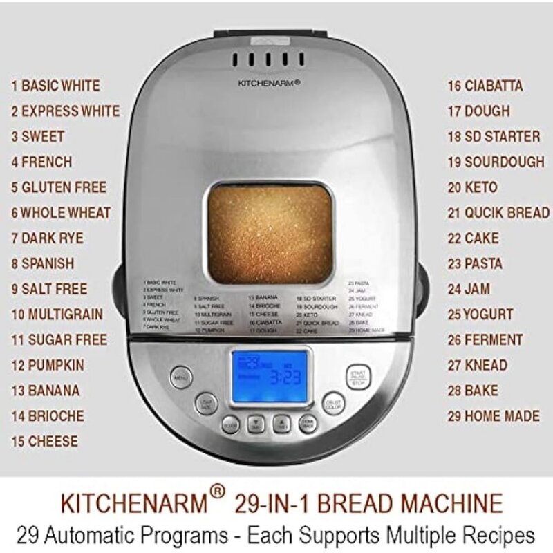 Máquina para hacer pan con ciclo casero, panificadora de acero inoxidable con recetas, máquina para hacer pan de trigo integral