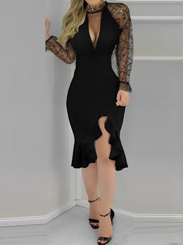 Женское Привлекательное платье, осень 2023, полупрозрачное Сетчатое женское вечернее платье с высокой талией и оборками