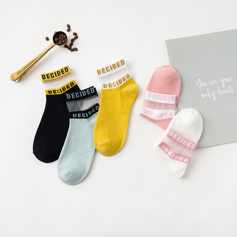 5 Pairs Women Summer Socks Candy Color Crystal Silk Letter Patterned Short Socks Harajuku Funny Thin Casual Female Ankle Socks