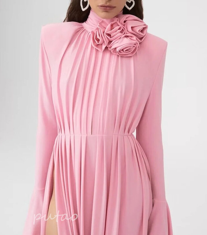 Putao gespleißte Applikationen Ballkleider für Frauen Plissee Blume Flare Ärmel hohe Taille Split Oberschenkel festes Kleid weibliche Kleidung