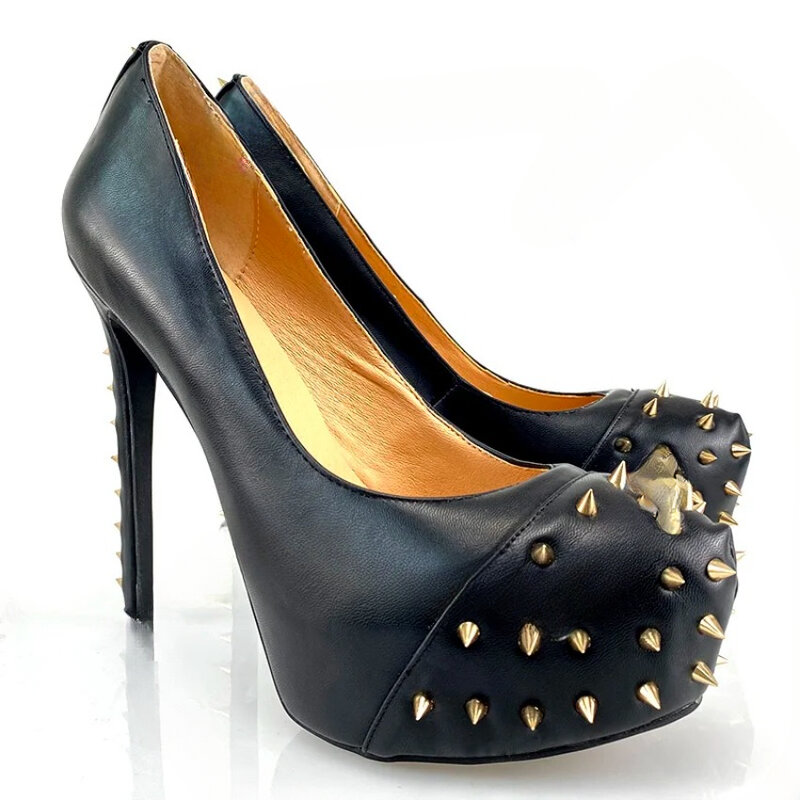 2024 Handmade Women Pumps Sexy Studs Stiletto Heels Round Toe Black Club Wear Shoes Women US Size 5-20