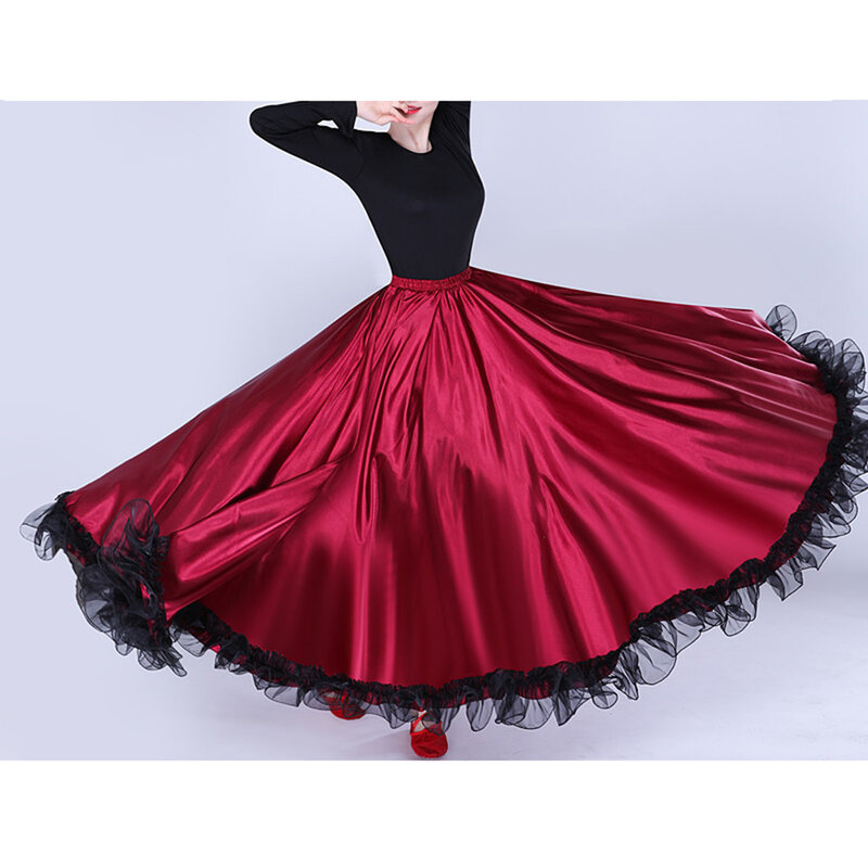 Women's Spanish Flamenco Bull Dance Skirt Belly Dance Full Skirt Ruffled Hem Big Swing Flamenco Costume Satin Maxi Skirt