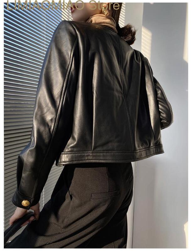 New winter Classic streetwear Women genuine leather jacket cropped real lamb sheepskin coats