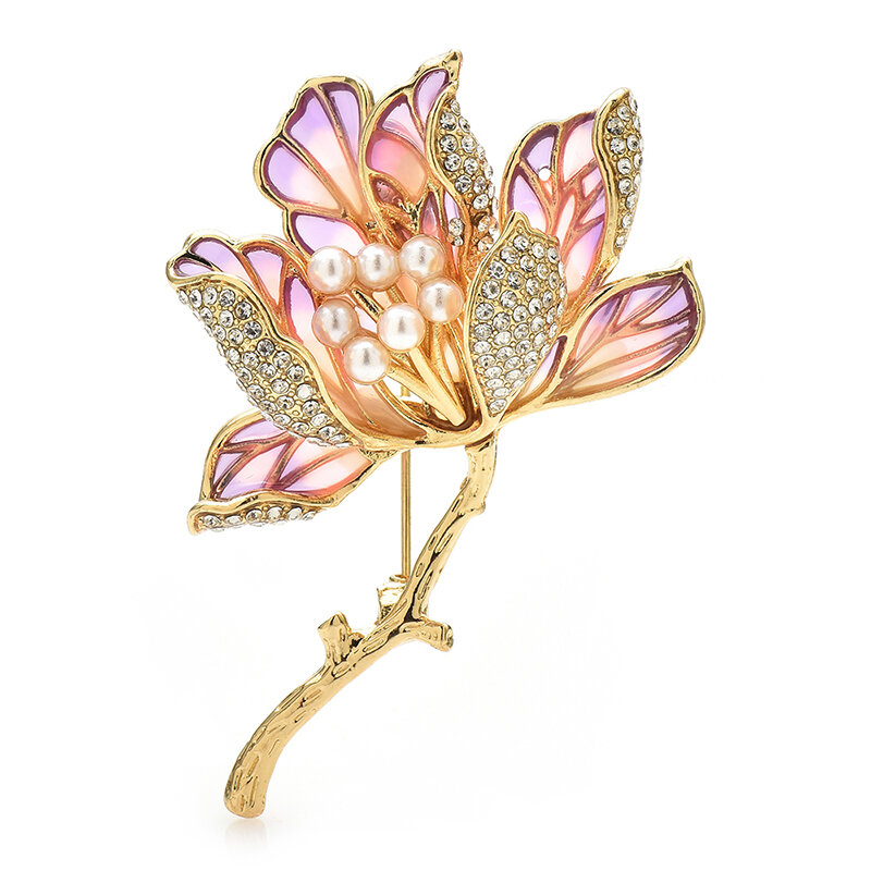 Wuli & baby-broches de flores de Magnolia de lujo para mujer, broche Unisex de 2 colores, perlas de esmalte, plantas hermosas, alfileres de fiesta, regalos