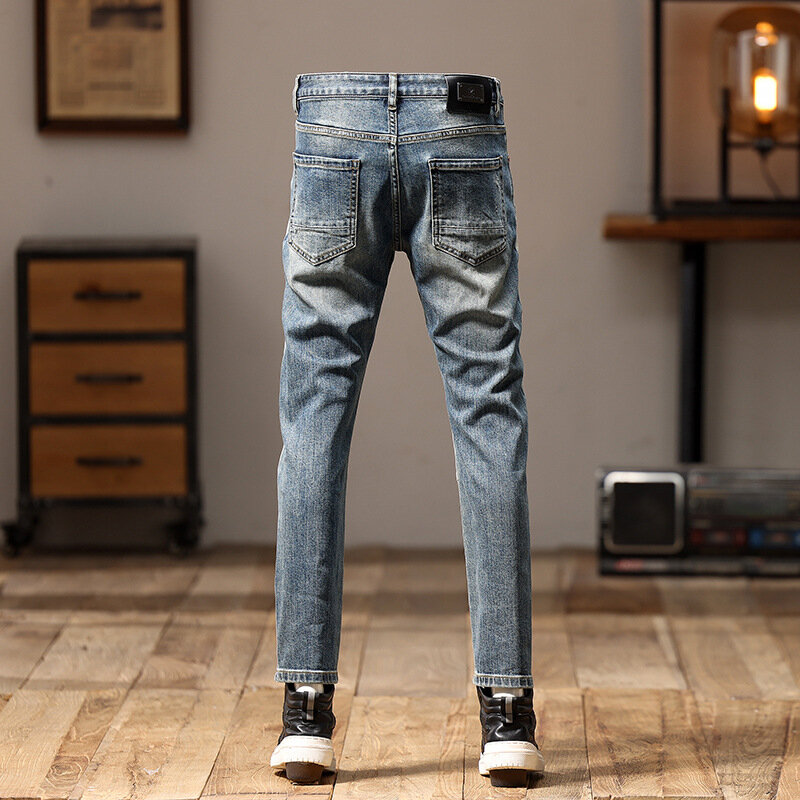 2024 крутые смарт-джинсы мужские мотоциклетные модные лоскутные модные высококлассные Стрейчевые облегающие брюки в стиле ретро