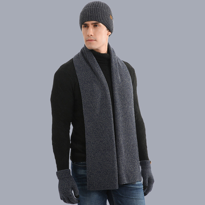 Uomo autunno inverno tenere in caldo Set Beanie guanti sciarpa maschio filato di lana lavorato a maglia silenziatore primavera autunno cappello tinta unita fazzoletto da collo