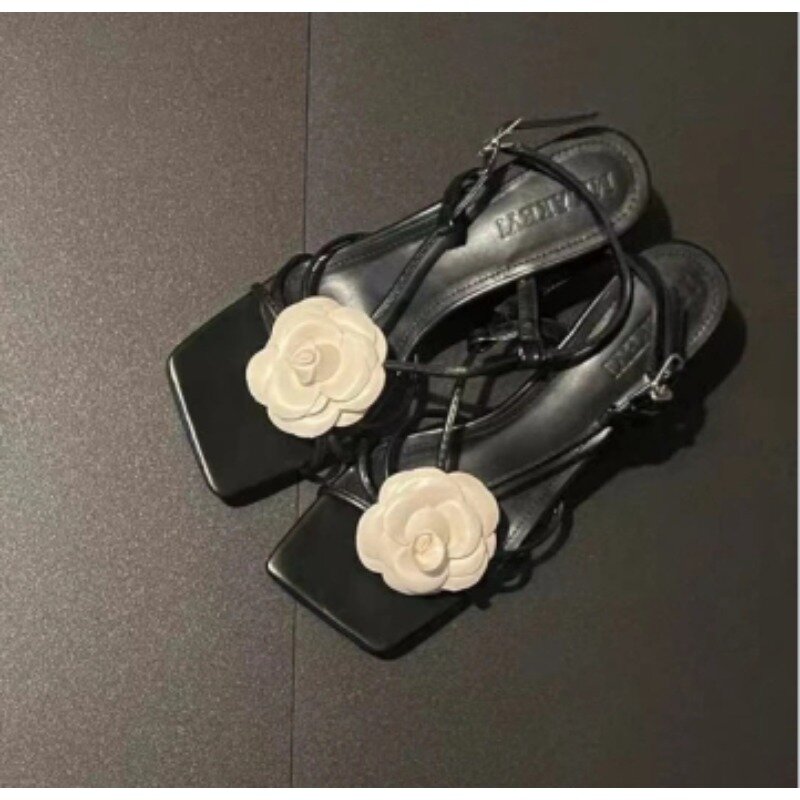 Zapatos de tacón grueso para mujer, sandalias con punta abierta y Cabeza Cuadrada, estilo informal, Sexy, con flores, 2024