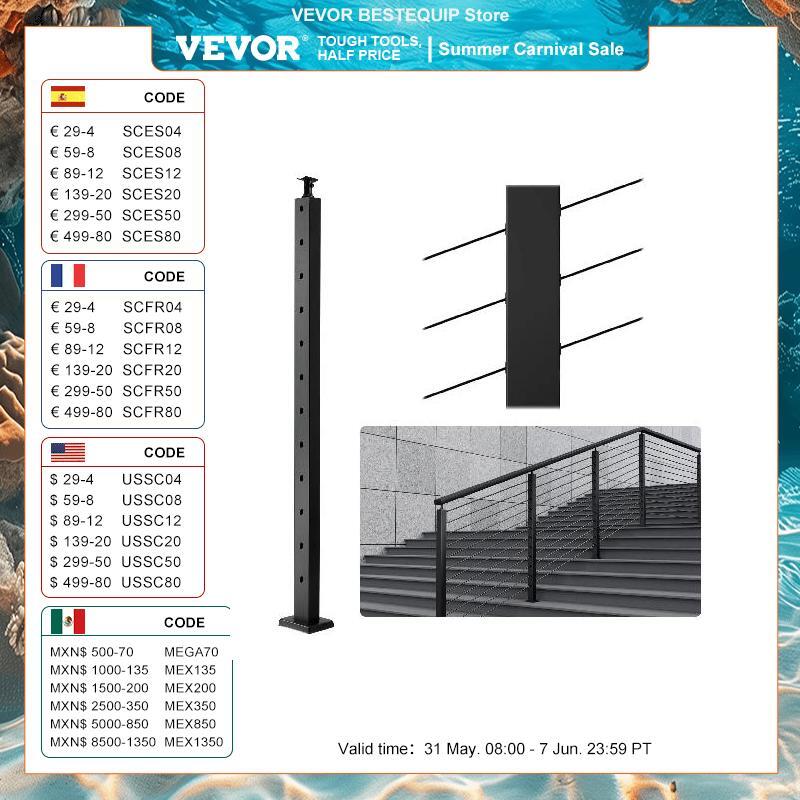 VEVOR-Cable Railing Post, furos pré-perfurados, aço inoxidável SUS304, trilho Post com suporte horizontal e curvo, preto e prata