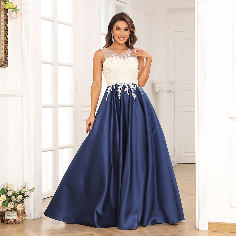 Vintage A Line Navy Blue Sleeveless Evening Dress 2023 O-Neck Appliques Satin Long Wedding Prom Dress for Women Floor Length