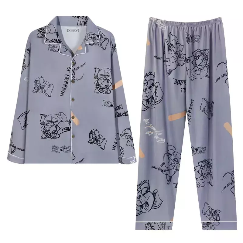 Nieuwe Lente Lange Mouw Pyjama Sets Mannelijke Zachte Revers Knoop Pyjama Casual Losse Nachtkleding Voor Mannen Cartoon Vest Homewear Heren