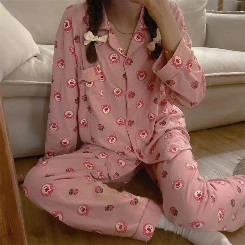 Set pigiama da donna estate autunno pigiameria a righe in cotone lavorato a maglia pigiama carino da donna Cartoon Pijama Mujer 2 pezzi Pjs Homewear