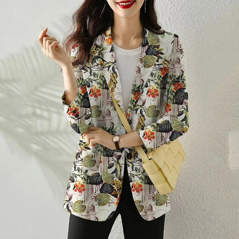 Casaco de lapela estampado floral feminino, manga comprida, único botão fechamento bolsos, elegante vestuário de trabalho, Casacos
