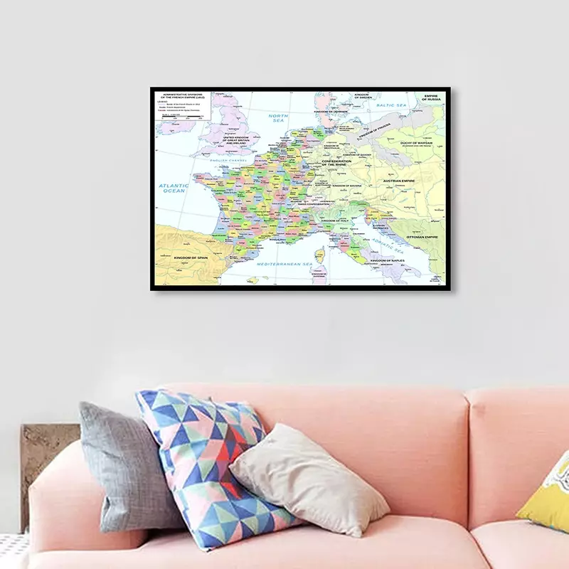 Pintura en lienzo no tejida del mapa de Francia en francés, póster artístico de pared, suministros de aula, oficina y decoración del hogar, 84x59cm, versión 1812