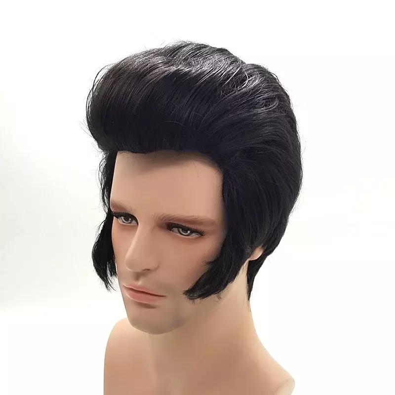 Nowy! Męski piosenkarz rockowy Elvis peruka do Cosplay Elvis czarny odporny na ciepło syntetyczny imprezowa peruka do włosów + czapka z peruką