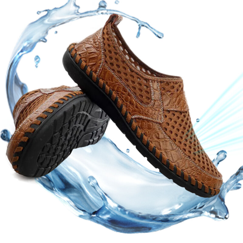 Naturalna skórzana letnia oddychająca miękka męska buty z siatką dla mężczyzn do chodzenia na co dzień lekkie obuwie z siatki 2024
