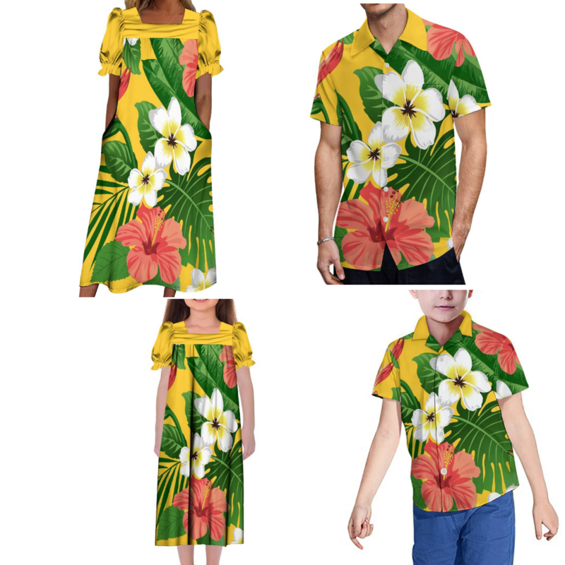 طقم تجمع عائلي هاواي مخصص للنساء ، أكمام قصيرة ، تصميم قبلي ، زهرة الكركديه ، كبار ، أطفال ، صيف ، جديد