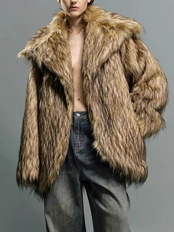 Jaket berbulu untuk wanita mantel bulu ramah lingkungan berkerah besar mantel tebal bulu rakun imitasi musim dingin 2024