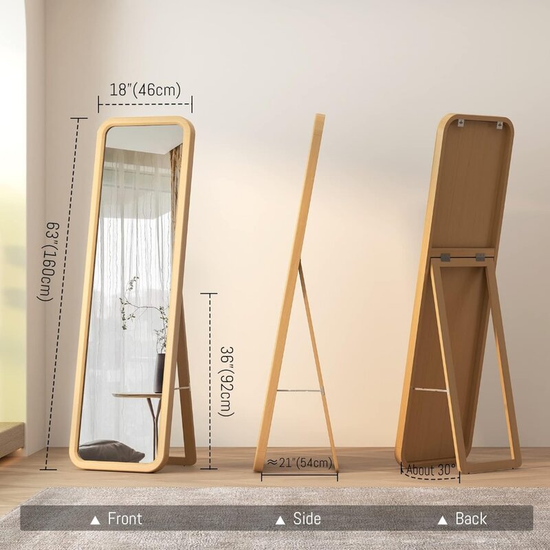 Espejo de pie de cuerpo completo, marco de madera maciza, esquina redondeada, vertical o montado en la pared, espejo de tocador para dormitorio