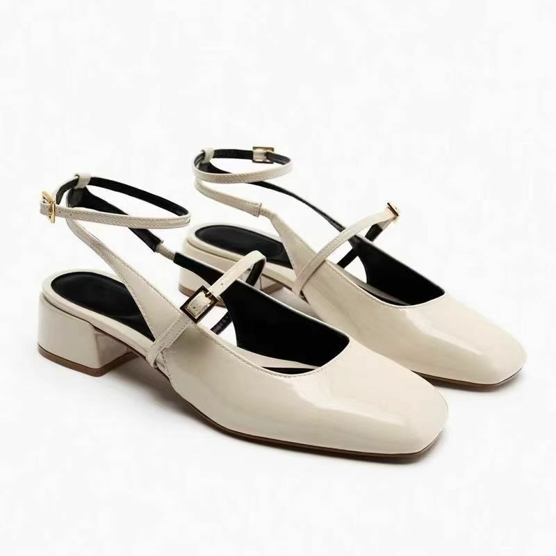 Zapatos de tacón bajo con hebilla cuadrada para mujer, una línea con sandalias de correa trasera, boca poco profunda, 2024
