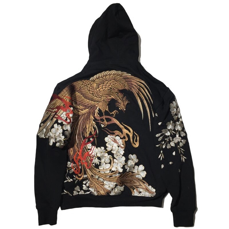 2023 Autumn and Winter New Men's Machine Embroidery Hooded Sweatshirt Japanese Style Cherry Blossom Zhuque Embroidered Coat
