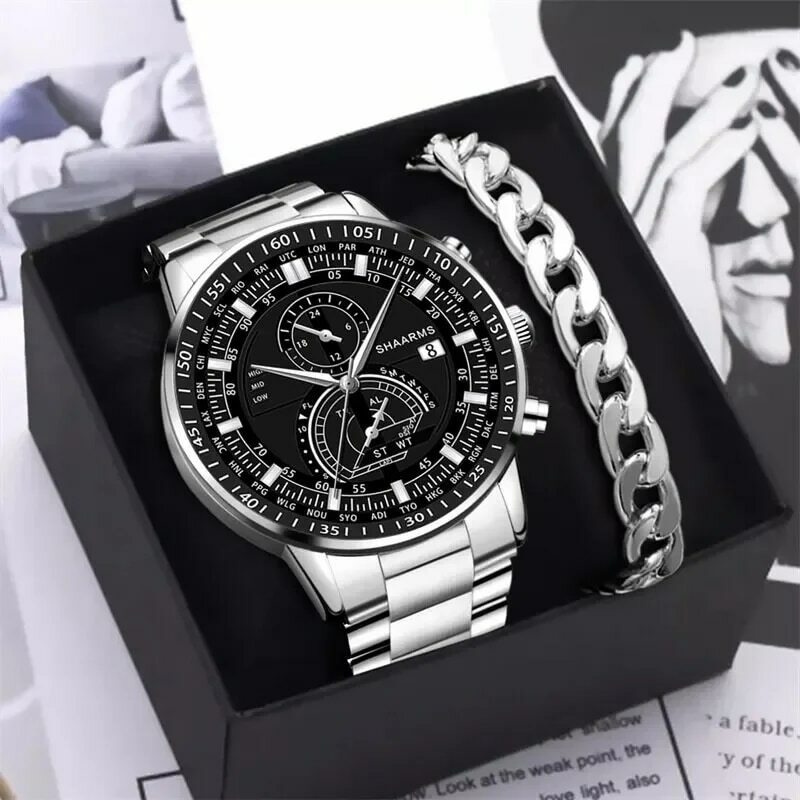 2 stücke neue Mode Herren Edelstahl Uhren Luxus Quarz Armbanduhr Kalender leuchtende Uhr Männer Business Casual Watch