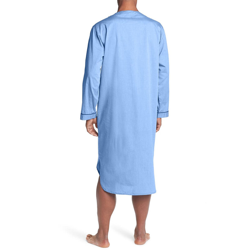 Camisón de manga larga con cuello en V para hombre, ropa de dormir de algodón ligero, camisa superior, azul claro/gris, M 3XL