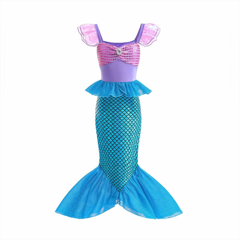 Vestido de la Sirenita Ariel para niñas, disfraz de tul de manga corta, ropa de fiesta de cumpleaños y Carnaval