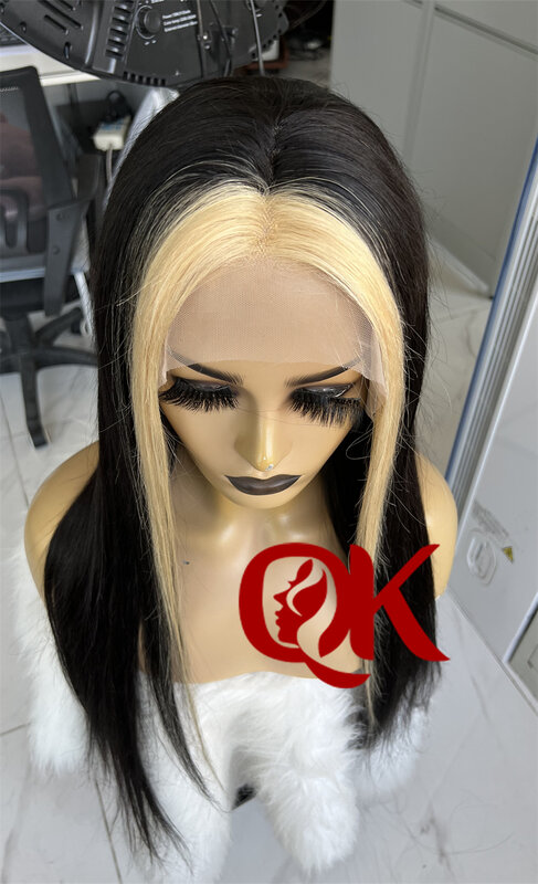 QueenKing hair 13*6 180% Density Balck with 2pcs Blonde Lace Front Wig Silky Straight Preplucked Hairline Brazilian Human Hair