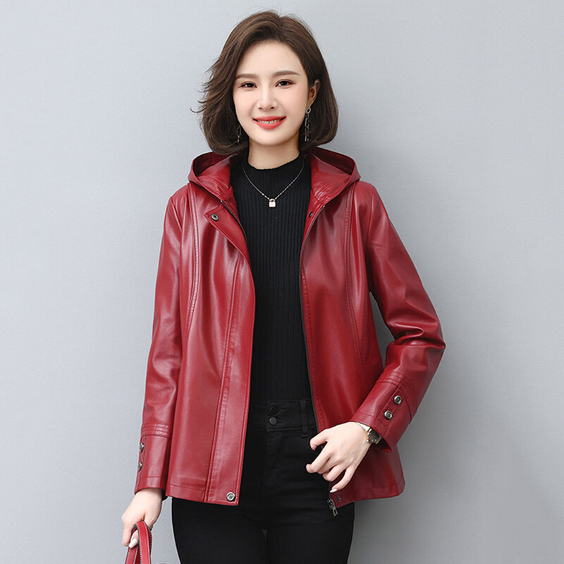 New Women Hooded Leather Jacket Spring Autumn Fashion Long Sleeve Split Leather Casual Outerwear Loose Mother Tops Coat Winter