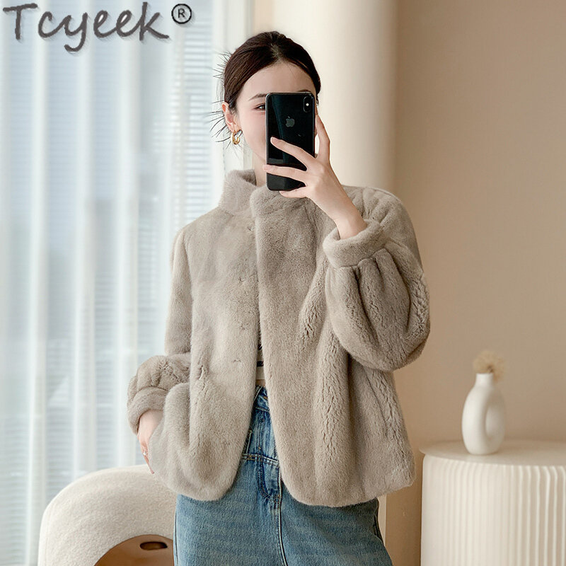 Tcyeek-abrigo de piel de visón Natural para mujer, chaqueta de estilo corto, con cuello levantado, a la moda, para invierno, 2023