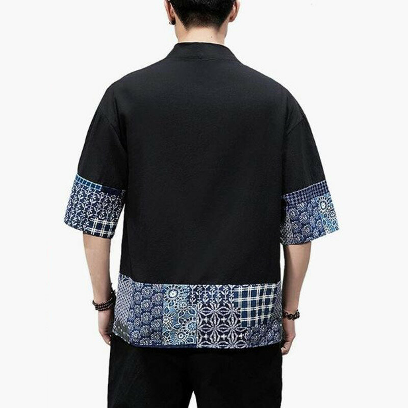 Cárdigan tipo Kimono japonés para hombre, chaqueta holgada de algodón y lino, con manga 3/4 y frente abierto, informal, para verano