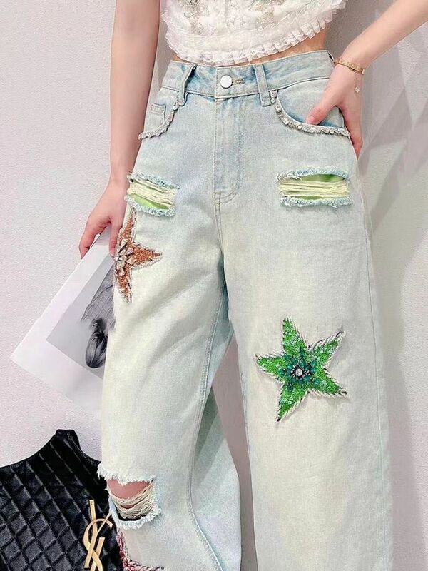 Jeans dipersonalisasi dicat lubang bordir wanita musim panas celana panjang lurus longgar pinggang tinggi wanita celana Denim kaki lebar kasual