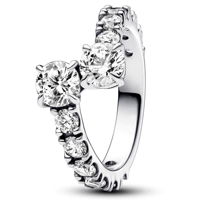 Autêntico anel de linha de prata esterlina 925 para mulheres, eternidade tratada, pérola e pavimentar, anel duplo aberto com cristal, presente jóias da moda