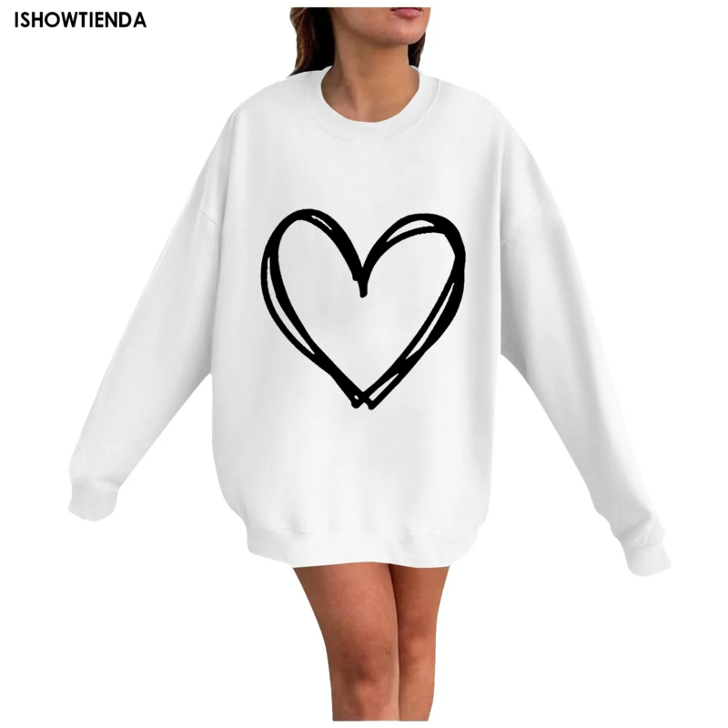 Love Heart Printed Women Sweatshirt Long Sleeve Girlfriends Style Hoodies Valentines Day Gift O Neck Streetwear Outfits Femme