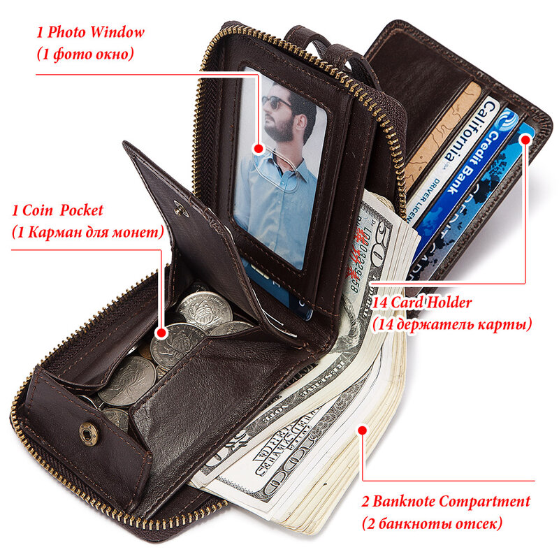 Carteira masculina clássica de couro genuíno, bolsa curta, bloqueio RFID, porta-cartão, estojo de alta qualidade, bolsa de armazenamento masculina