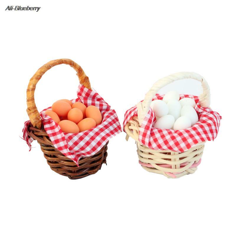 1Set 1:12 Dollhouse Miniature Egg Basket Red Plaid Duck Egg Frame Kitchen Food Model Pretend Play Toy Dollhouse Accessories