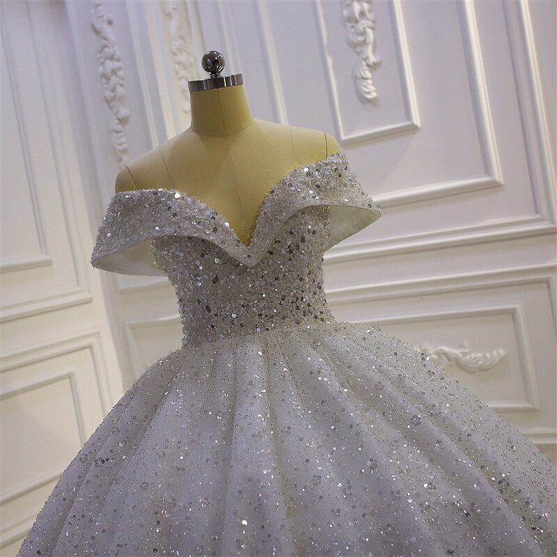 Paillettes Glitter di lusso che bordano abiti da sposa con spalle scoperte per le donne 2024 abiti da sposa con strascico Vestidos De Novia